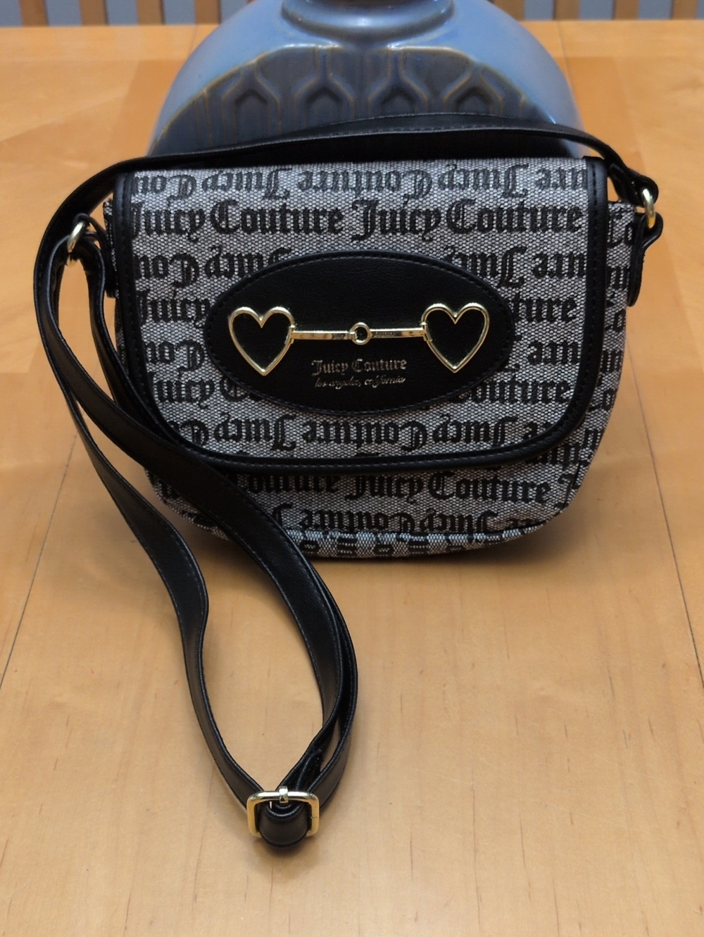 Juicy Couture Black and Gray Logo Crossbody with Gold Hearts